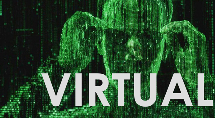 Imagem do Rosto de um Humano construída com códigos verdes numa tela preta de computador Matrix - escrito Virtual